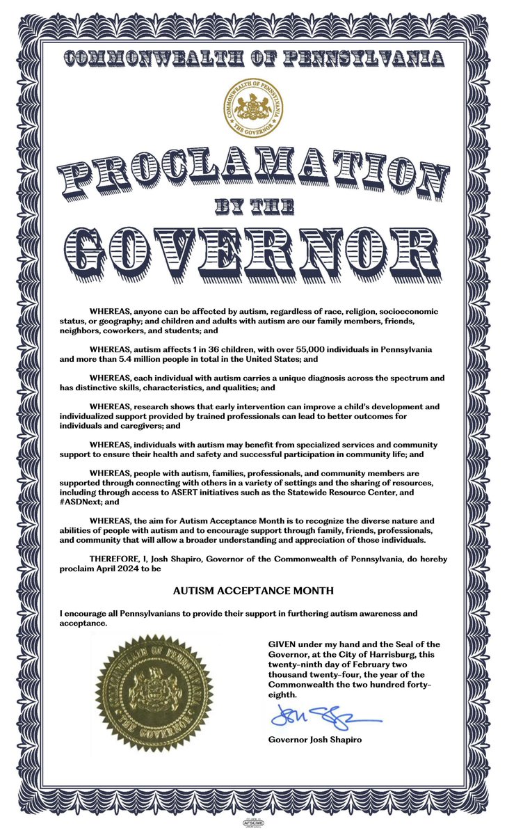 April is #AutismAcceptanceMonth! 

<a href="/GovernorShapiro/">Governor Josh Shapiro</a> signed a proclamation to acknowledge the many individuals on the autism spectrum, their abilities and contributions, and their inclusion within our communities. 

#AutismAcceptance #WorldAutismAwarenessDay