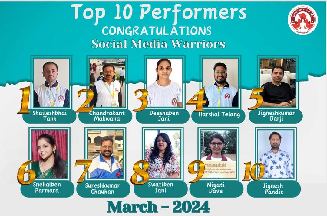 Gujrat state yoga board 🎉 Congrats to the top 10 social media warriors for their March hustle!
  #influencers #SocialMediaMagic #GujaratStateYogBoard #YogsevakSheeshpal #YogmayGujarat #yogkaamrutkal #Yogotsav
SHAILESH Tank -Rajkot