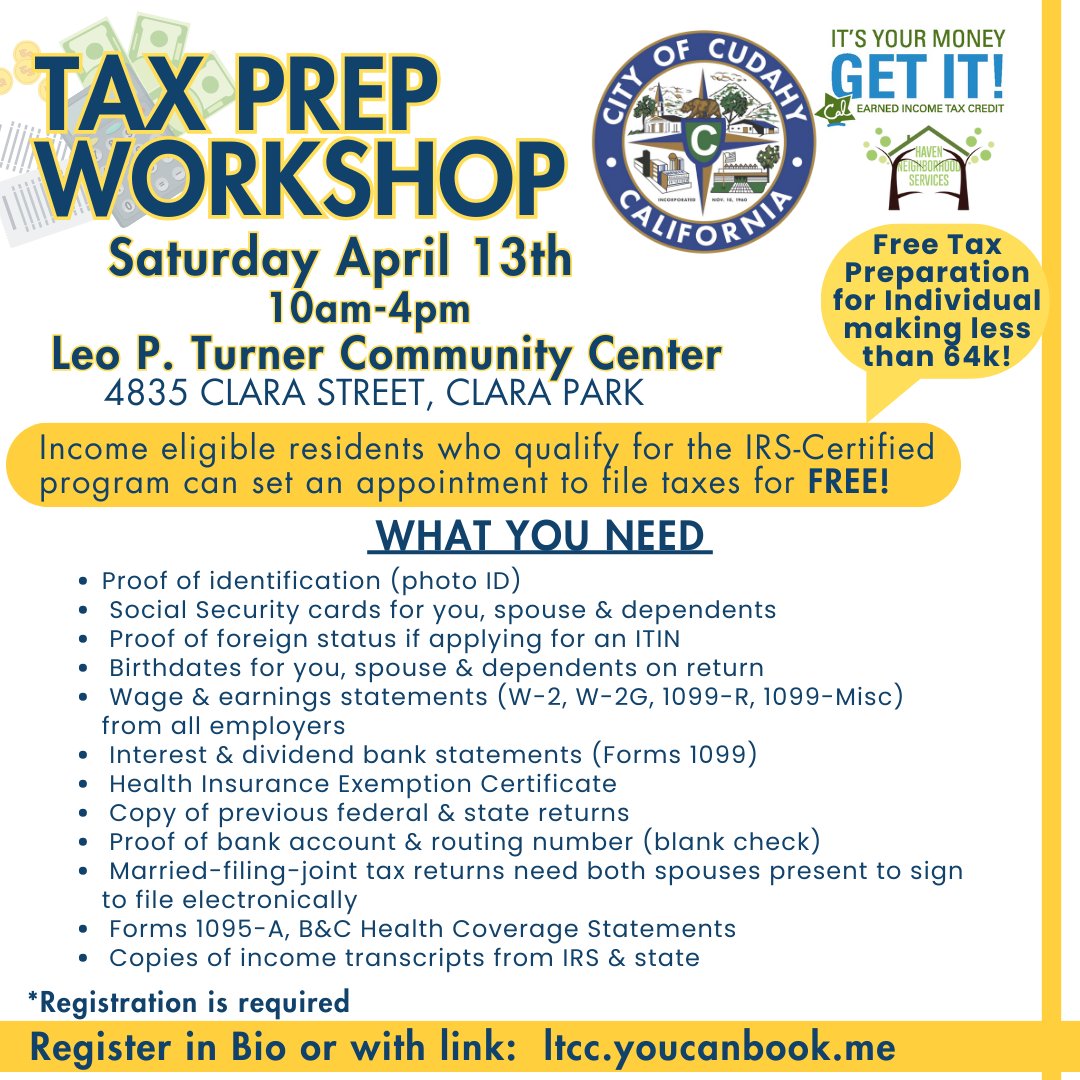 CityOfCudahyCA's tweet image. Tax ready? We are hosting a Tax Prep Workshop on Saturday, April 13th, from 10 am-4 pm; make sure you register! Link in Bio, ltcc.youcanbook.me
#CityofCudahyCA #TaxReady #TaxWorkshop