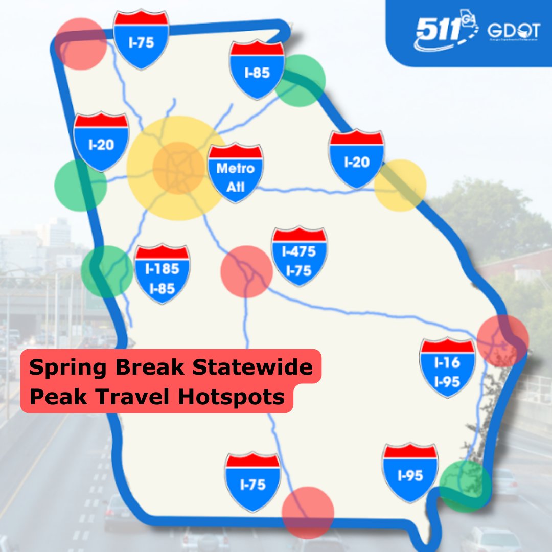 Spring Break Traffic Alert 🚗 Heavy traffic expected on Georgia interstates and in metro Atlanta this week and upcoming weekend. Stay safe and plan ahead with 511GA and check out peak travel hotspots courtesy of the Georgia Dept of Transportation!