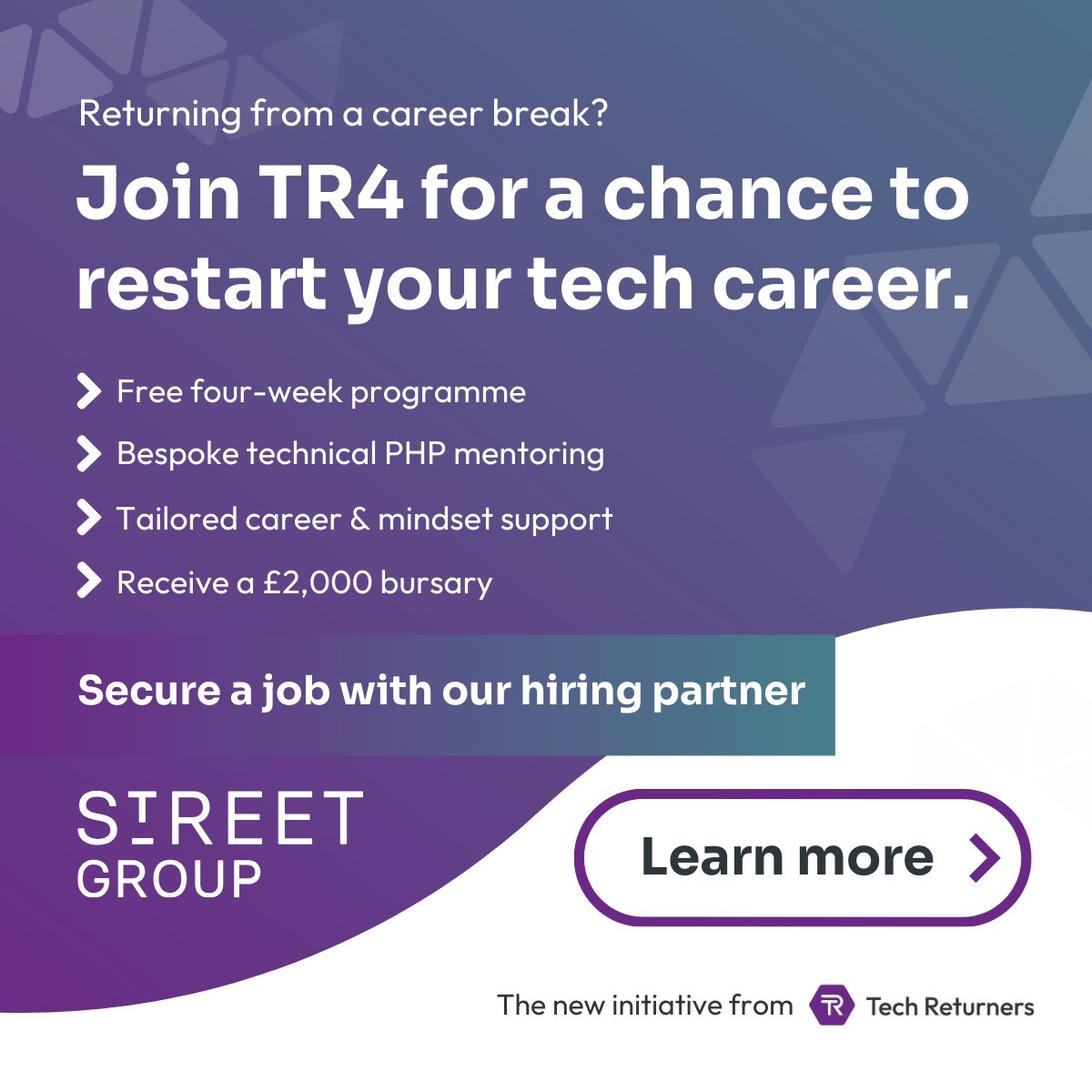 ⚡️We're happy to team up with @street_platform, a rapidly growing PropTech company in the UK, to hire two career returners from our TR4's four-week refresher programme! A life-changing opportunity to help you land a job with Street Group. #CareerBreak 📍loom.ly/9WU0W60