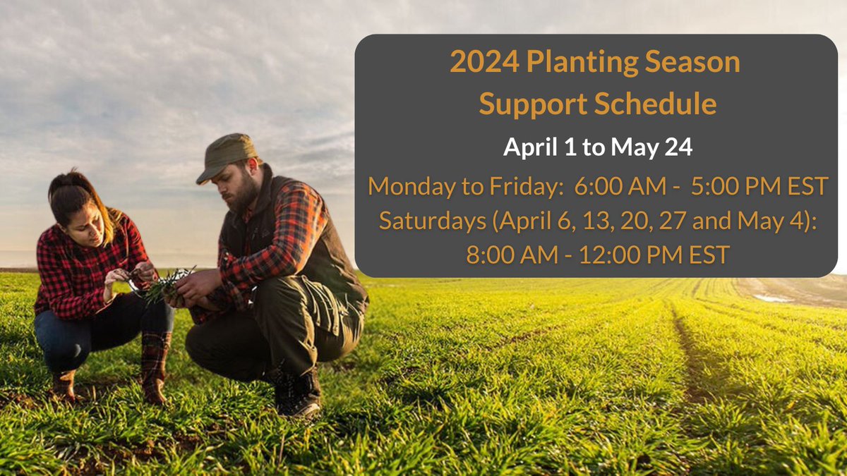 Ready for #Plant24? 🌱 Our Support team is gearing up to match your pace! We're here to assist you every step of the way. Check out our adjusted schedule to ensure you have the support you need when you need it most. 📞 1-888-924-7475 📨 support@climate.com 📲 @fieldviewhelp