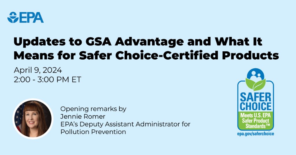 Do you make Safer Choice-certified products or buy them through GSA Advantage? Check out our webinar on updates to GSA Advantage and what it means for Safer Choice-certified products! 📅 Apr. 9, 2-3pm ET 🔗 Register: abtassociates.webex.com/weblink/regist… Learn more: epa.gov/saferchoice/we…