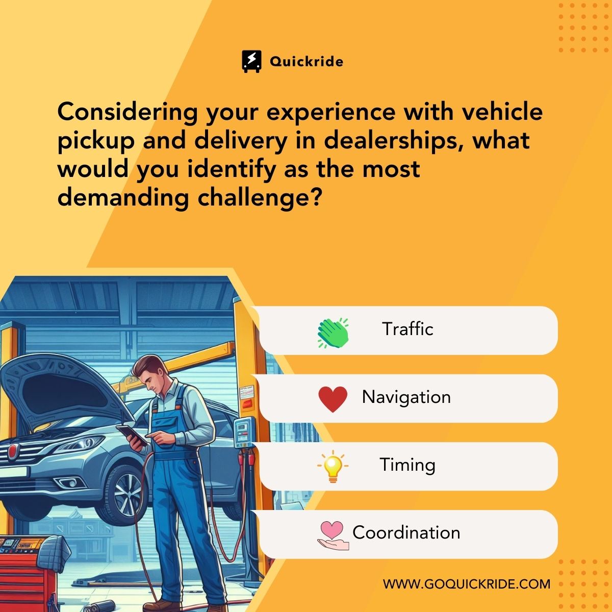 go_quickride's tweet image. 🚘🤔 #Quickreaction: In the fast lane of vehicle pickup &amp;amp; delivery, what's the speed bump for you? Logistics? Traffic? Dealerships, let's navigate this together! 🔄 Share your top challenge &amp;amp; solutions. Let's gear up for success! 🛠️ #AutoInnovation #ServiceExcellence