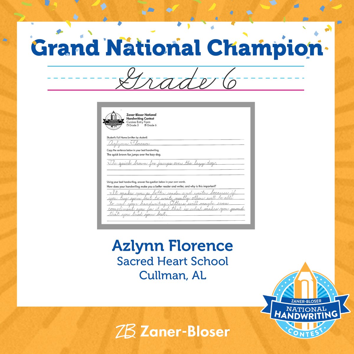 🎇​​⭐​ Way to go, Aria Maier, Caden Baune, Zita Miller, and Azlynn Florence! These hard-working students are the 2024 Zaner-Bloser National Handwriting Contest Grand National Champions for grades 3–6! Keep shining, champs! ⭐​ 🏆​ @redrockcentral1
