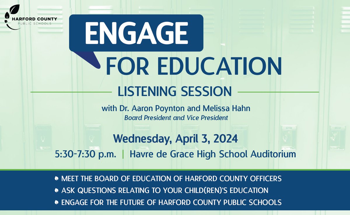 Don't forget, tomorrow night at Havre de Grace High School the Board of Education is hosting another Engage for Education Listening Session.
