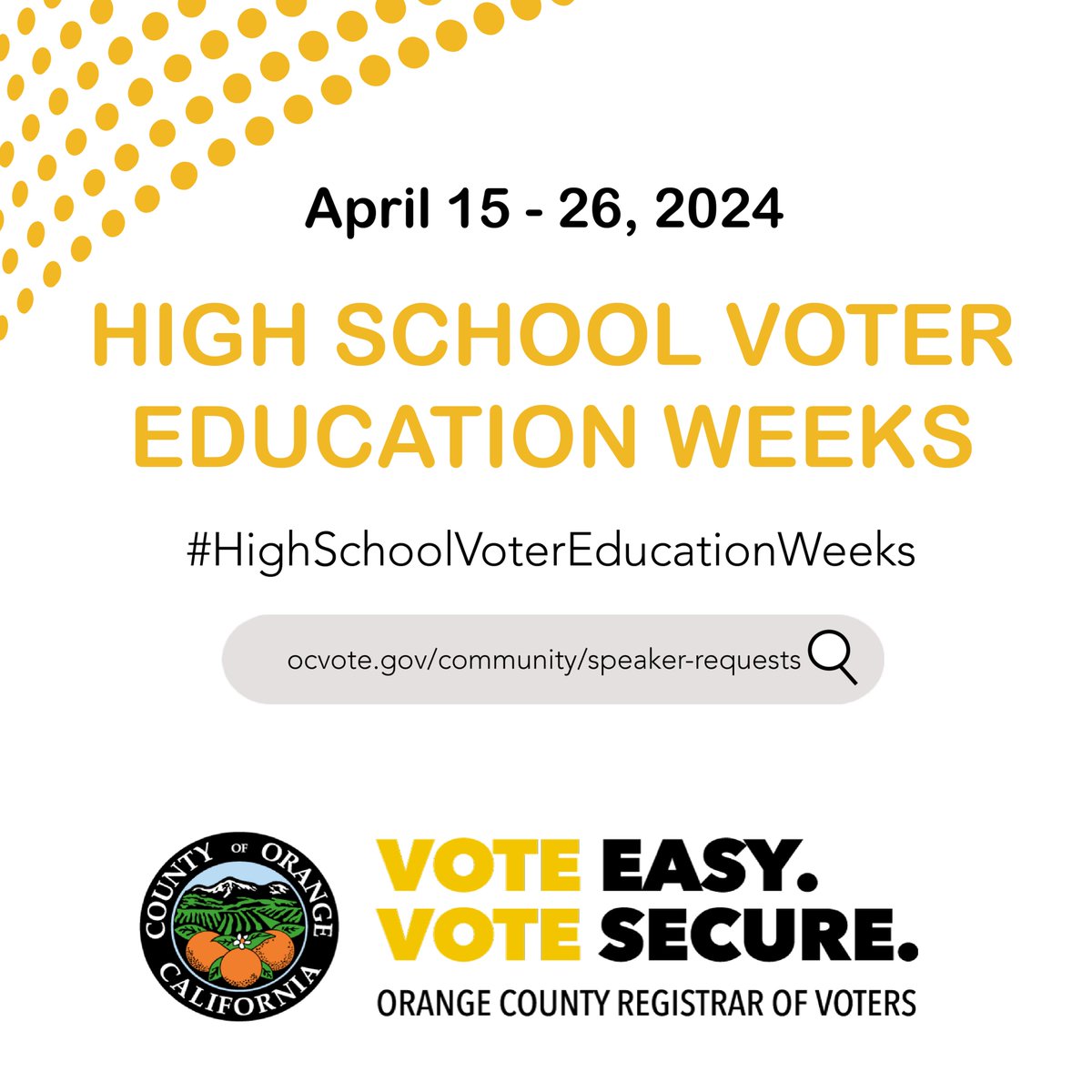 In commemoration of the statewide High School Voter Education Weeks initiative, we are partnering with local high schools to promote civic education and participation. If you are interested in having us come to your school, submit a request at ocvote.gov/community/spea…. #VoteReady