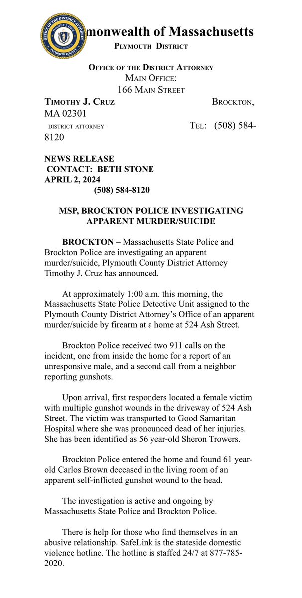 Massachusetts State Police, Brockton Police Investigating Apparent Murder/Suicide