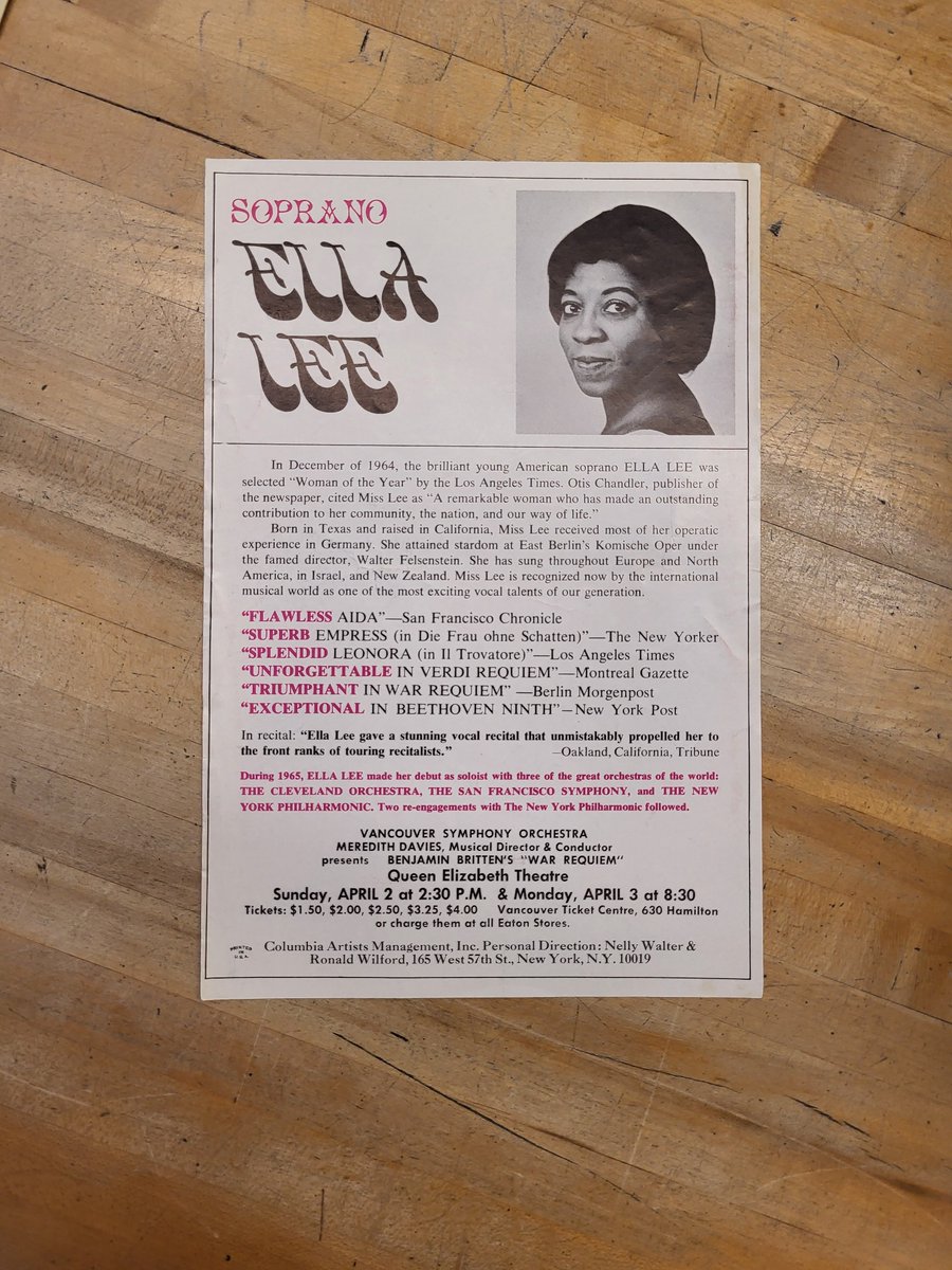 On this day in Vancouver history ... 1967 Ella Lee, the American soprano, performed with the Vancouver Symphony Orchestra at the Queen Elizabeth Theatre. Reference code: AM1519-: PAM 1967-240 ow.ly/Yvfw50QKaos #onthisday #musichistory #EllaLeesinger