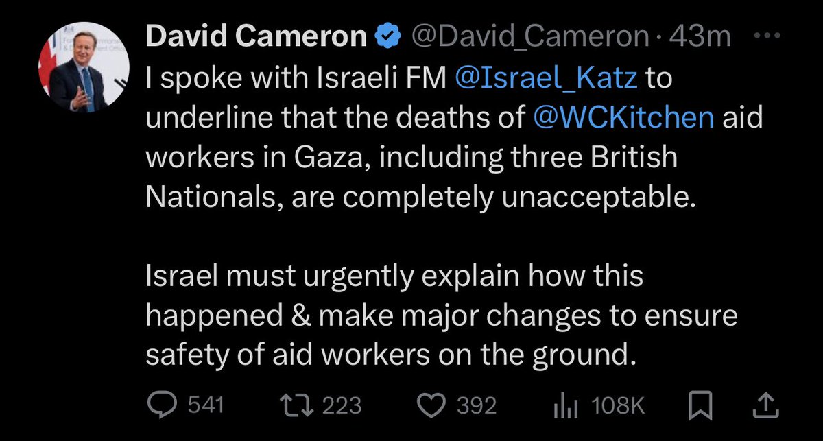 Any other country in the Middle East who killed 3 British Aid workers, and Britain would’ve invaded them. Britain bombed Yemen for cargo ships and they can’t even name the aid workers. But because it’s Israel, it’s more important to protect Zionism than British lives.