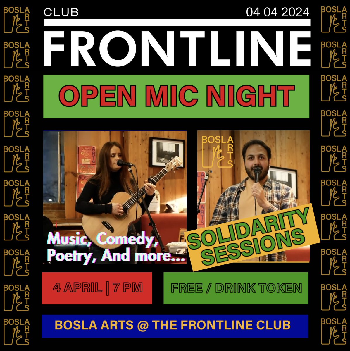 Thursday 4 April 2024  £6 gets you entry and a drink TICKETS Here: 🎟️👉BoslaOpenMic2.eventbrite.co.uk👈 another evening of music, poetry, and more based on the theme of solidarity. Open to all! We want to hear a song, poem, spoken word, stand up comedy, or anything else you feel like…
