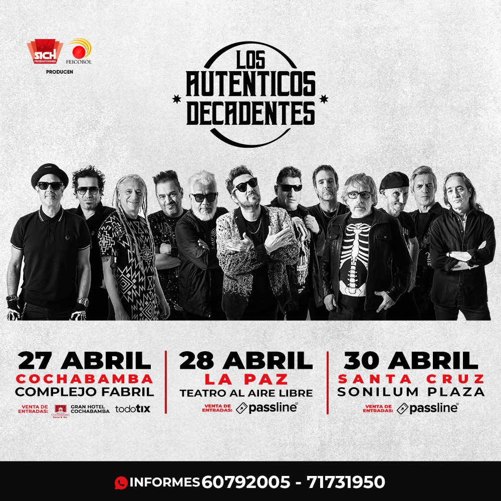 BOLIVIA 🇧🇴 cada vez falta menos para esta hermosa gira! Se vienen unos tremendos shows en Cochabamba, La Paz y Santa Cruz junto a nuestros amigos de @lfcoficial 🤘🏼 y el 26 de abril nos vemos en la Ufest de Tarija 🚀 fiesta total! 🎫 Tickets: losautenticosdecadentes.com.ar/shows/