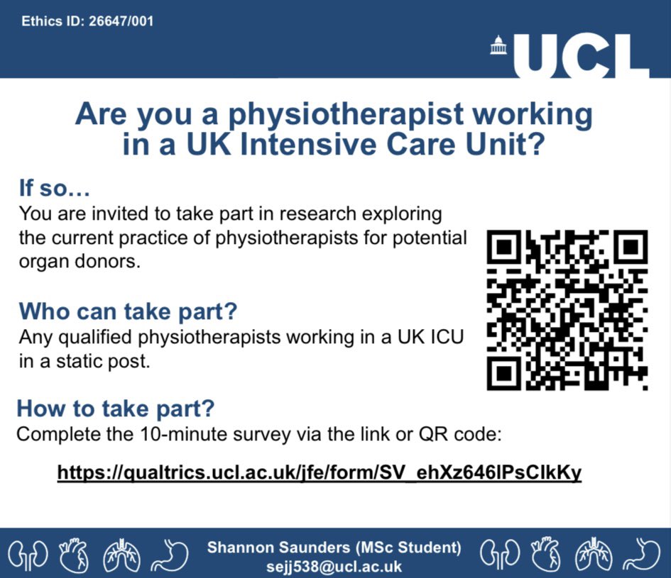 📣 Calling all UK physiotherapists in a static ICU role 📣 

I would be grateful it you could take a moment to complete my survey on the role of physiotherapists for potential organ donors.

qualtrics.ucl.ac.uk/jfe/form/SV_eh…