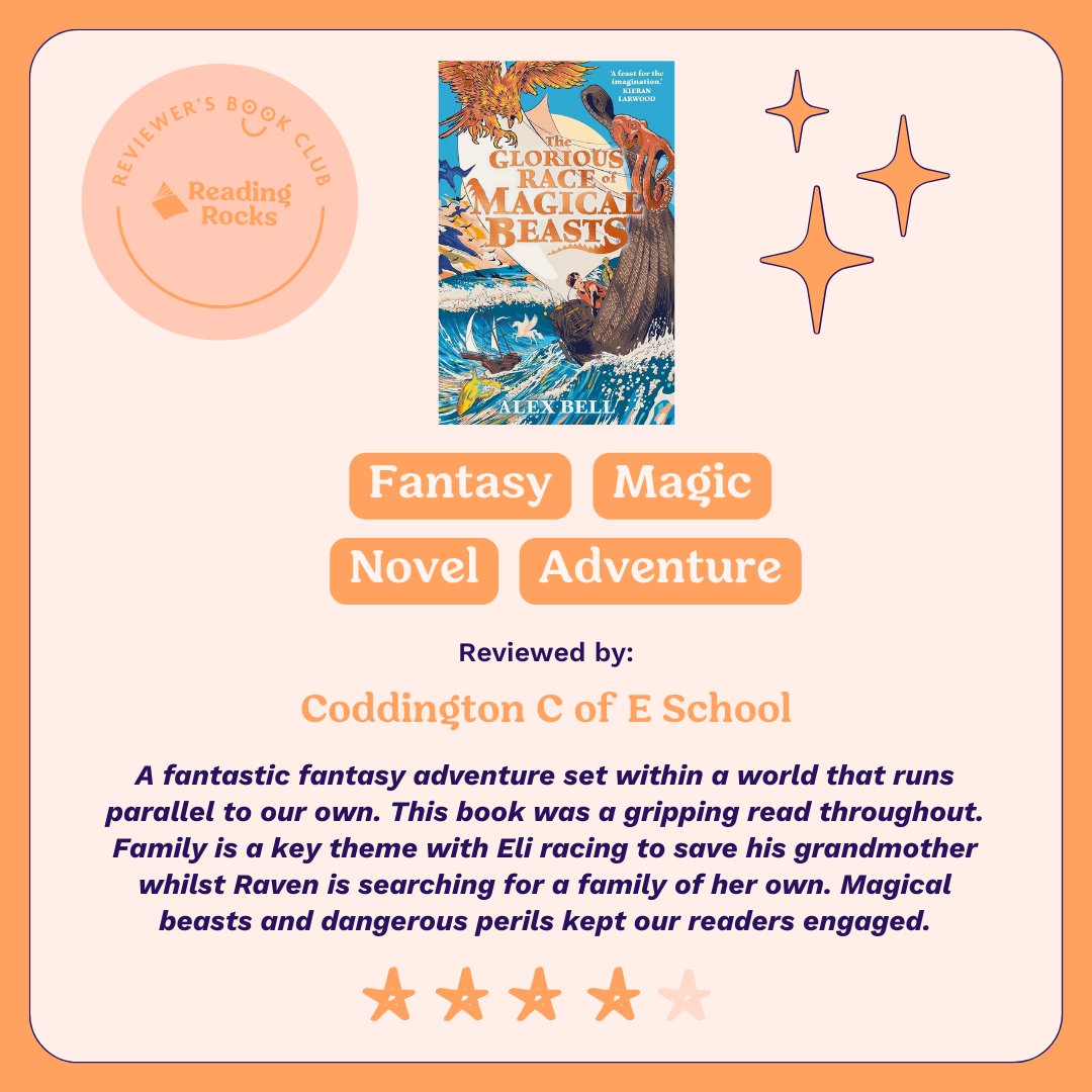 Being read & reviewed in the #RR_ReviewersBookClub today we have, The Glorious Race of Magical Beasts, reviewed by Coddington C of E School. Read the review here: wherereadingrocks.com/2024/03/28/the… @Alex_Bell86 @timmcdonagh @FaberChildrens #novel #KS2 #fantasy #magic