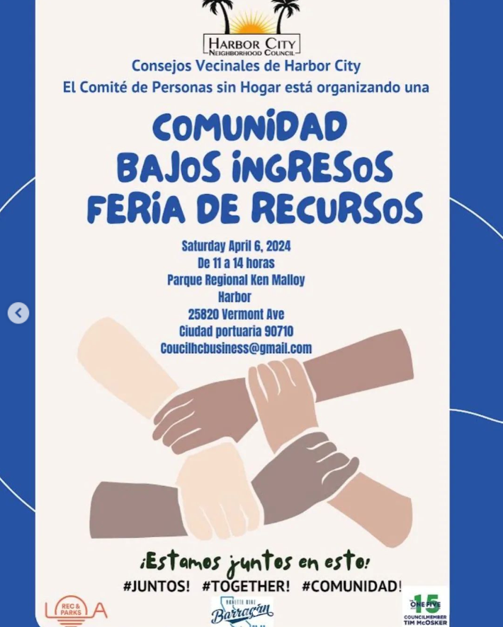 On Saturday April 6th, join Harbor City Neighborhood Council, in partnership with the @LACityParks, @RepBarragan, and @TimMcOskerLA, from 11-2 at Ken Malloy Harbor Regional Park for a Community Low Income Resource Fair. Meet your neighbors, access resources, and more!