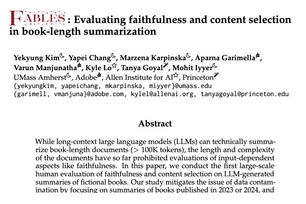 Summarizing long documents (>100K tokens) is a popular use case for LLMs, but how faithful are these summaries? We present FABLES, a dataset of human annotations of faithfulness & content selection in LLM-generated summaries of books. arxiv.org/abs/2404.01261 🧵below:
