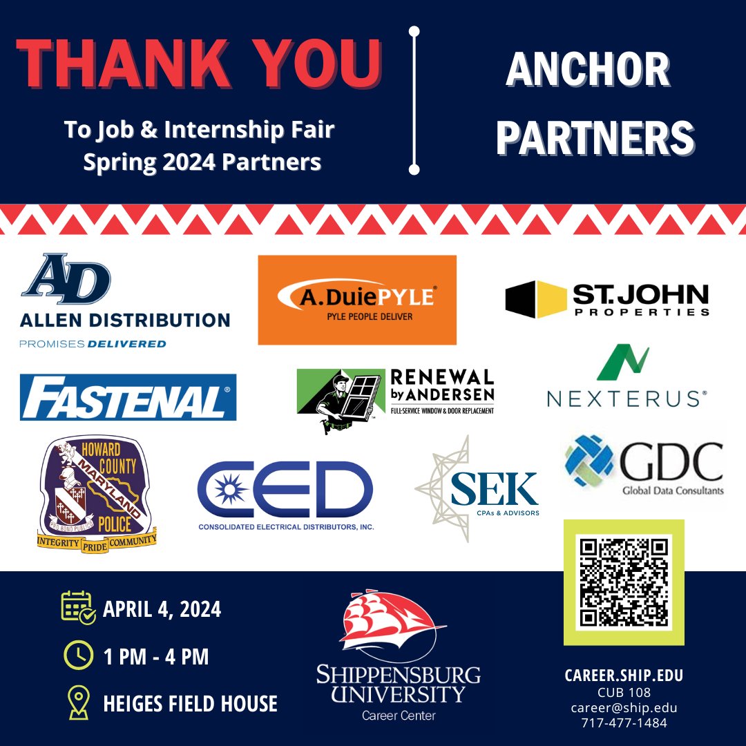 THANK YOU to our Anchor Partners at the Job &amp; Internship Fair 🙌 It's truly amazing to have your support for @ShippensburgU Career Center this spring 2024! Check out our guide with links to all employers in attendance: career.ship.edu/resources/su-c…

#ThankYou #CareerReady #ShipU