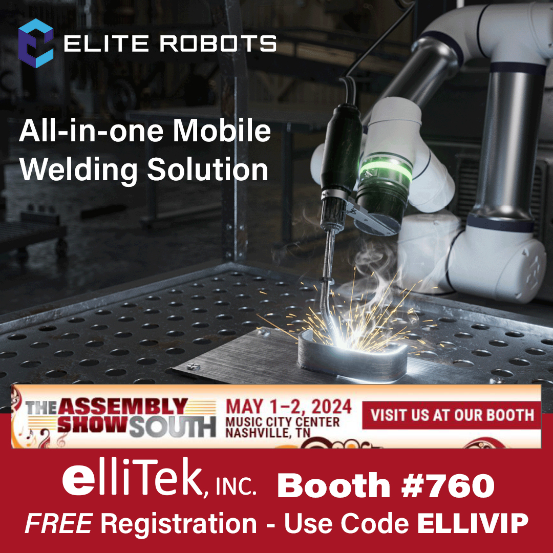 📅Mark your calendars for May 1-2 & join us at The #AssemblyShowSouth at the Music City Center in Nashville! Witness firsthand the power & precision of @EliteRobots #welding solution.🌟 Use code ELLIVIP for FREE registration>> na.eventscloud.com/ereg/newreg.ph… & visit @elliTek_Inc's Booth