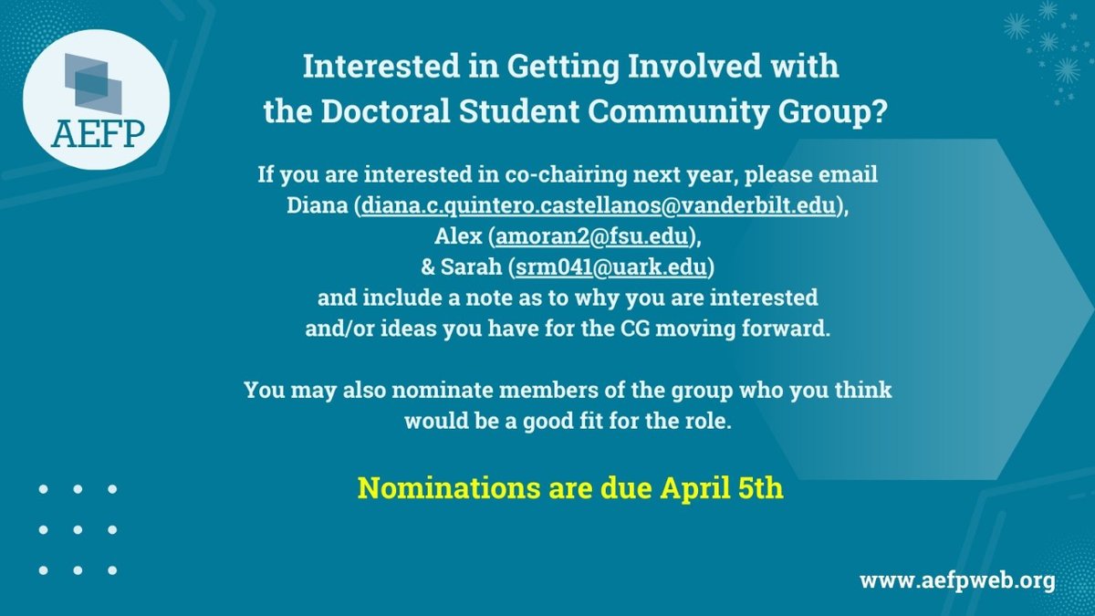 If you are interested in co-chairing the Doc Student Community Group next year, please email Sarah (srm041@uark.edu), Diana (diana.c.quintero.castellanos@vanderbilt.edu), & Alex (amoran2@fsu.edu). Nominations are due April 5th!