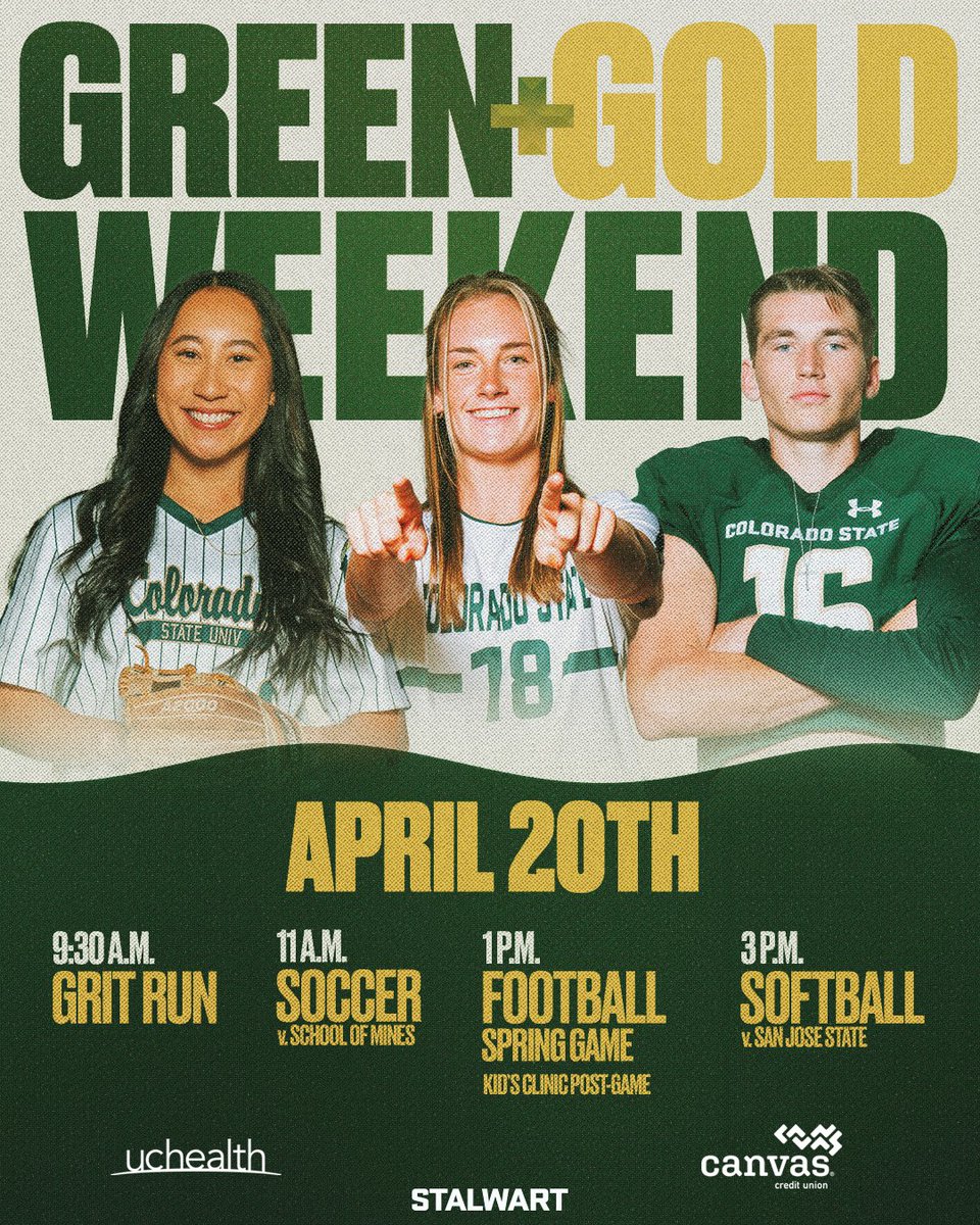 Green and Gold Weekend returns to Canvas Stadium on April 20! Presented by @csufootball and Canvas Credit Union, this year's events will feature the annual Grit Run 5K, Green and Gold game, and free youth experience. Learn more here: csurams.com/form/1259