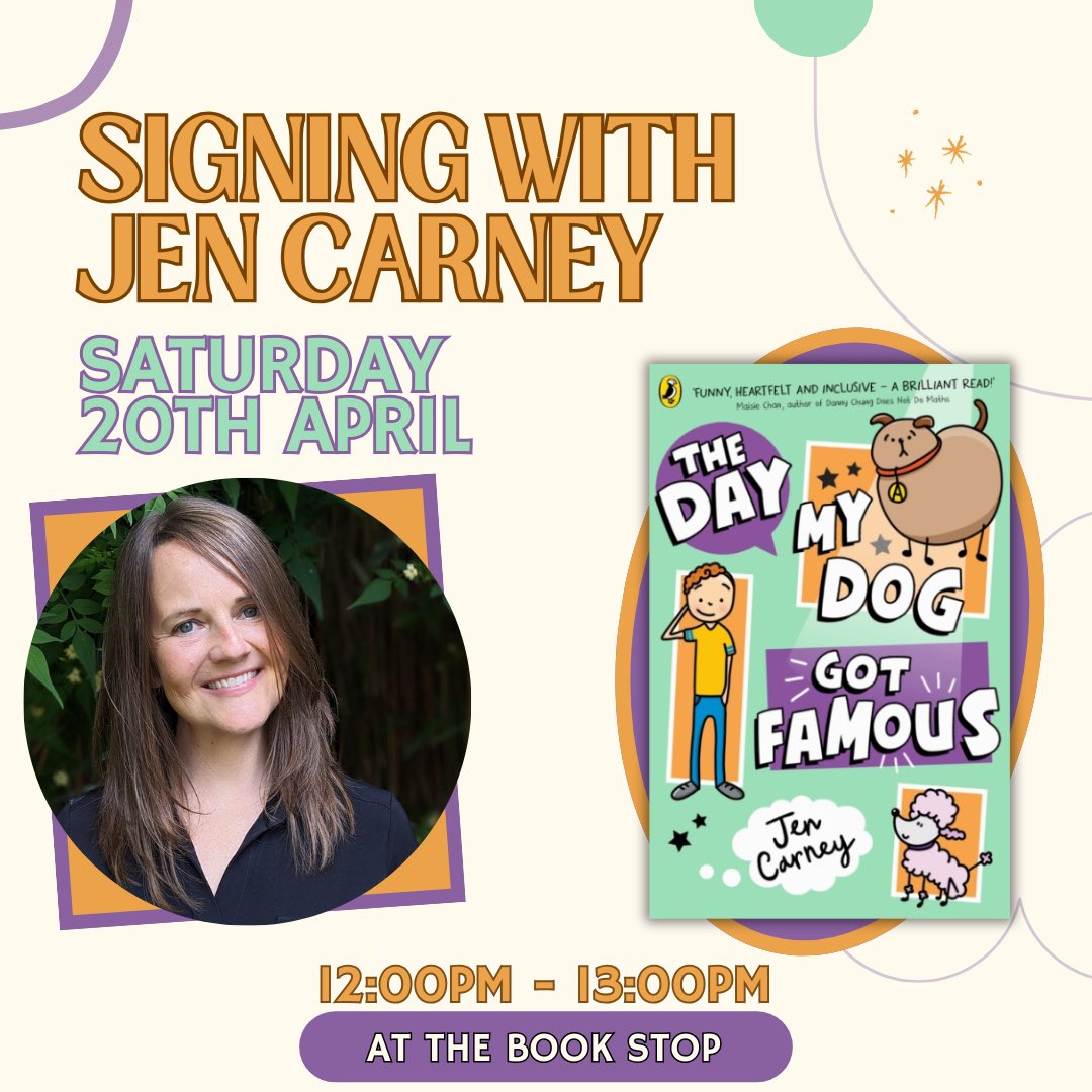 *FREE EVENT ANNOUNCEMENT* After @jennycarney popped by to visit us and some local schools last month, we're so excited to welcome her back to The Book Stop for an in store signing of her newest release, 'The Day My Dog Got Famous' on Saturday 20th April! (1/2)
