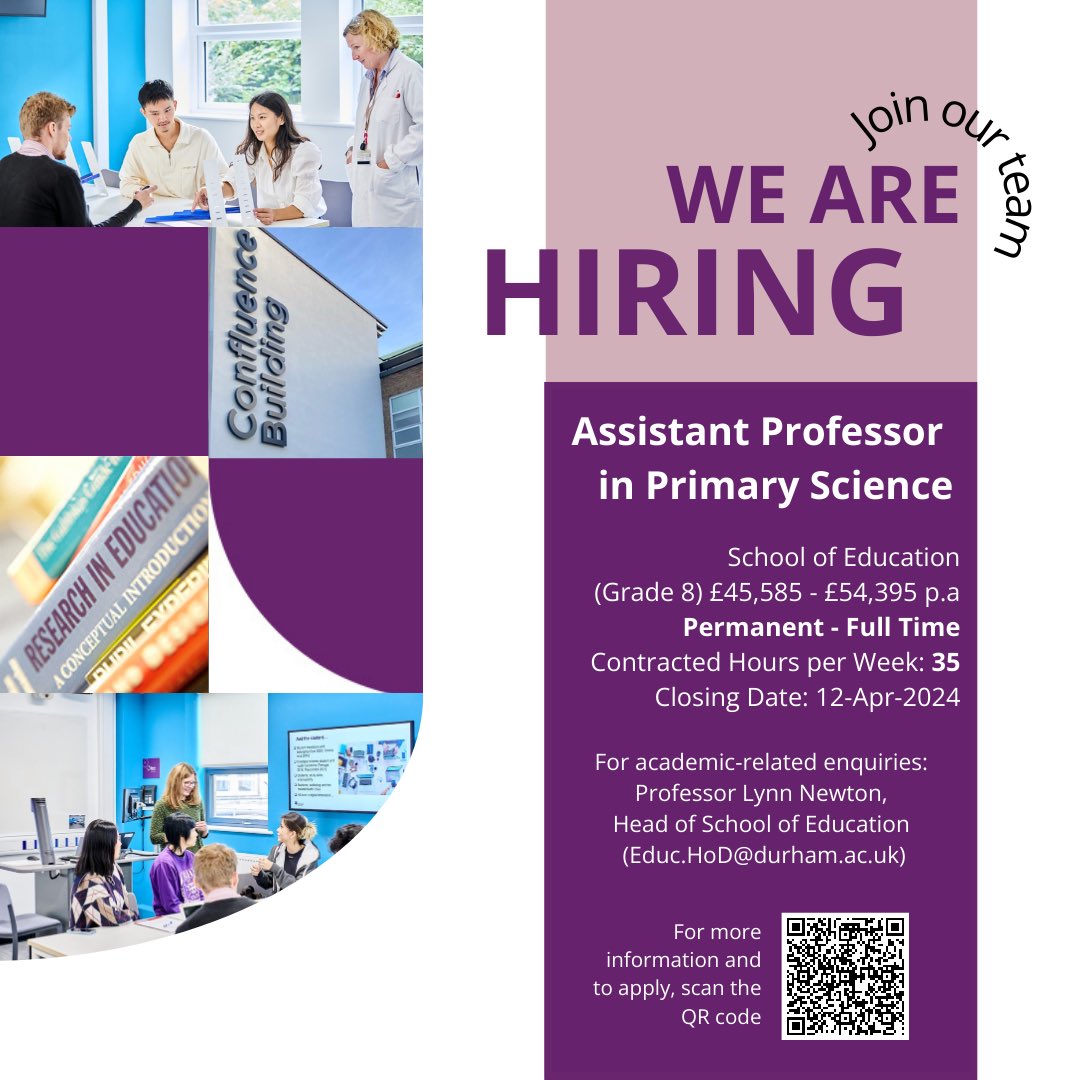 We are Hiring! The School of Education are currently advertising for a full-time, permanent Assistant Professor in Primary Science, Grade 8: durham.taleo.net/careersection/… Closing date is Friday April 12th.