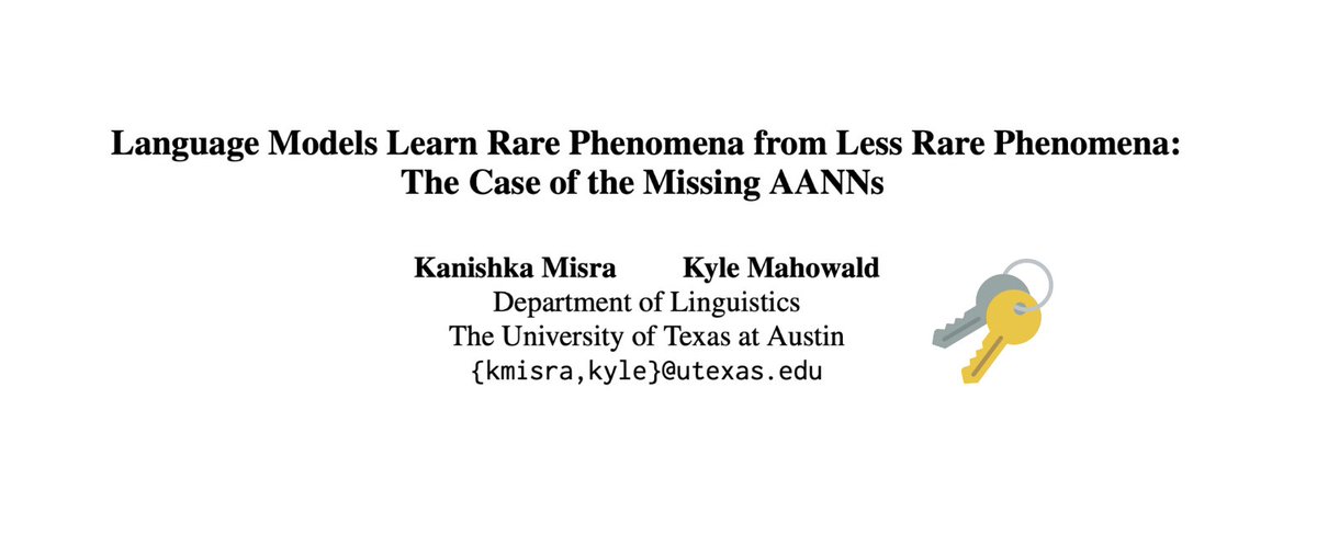 🔑 🗝️

The Article+Adjective+Numeral+Noun (e.g., “a lovely five days”) construction is quite rare, and yet people and LMs know it’s grammatical. What is the key to learning such a rare construction?

<a href="/kmahowald/">Kyle Mahowald</a> and I answer this question in the context of LMs in our new paper: