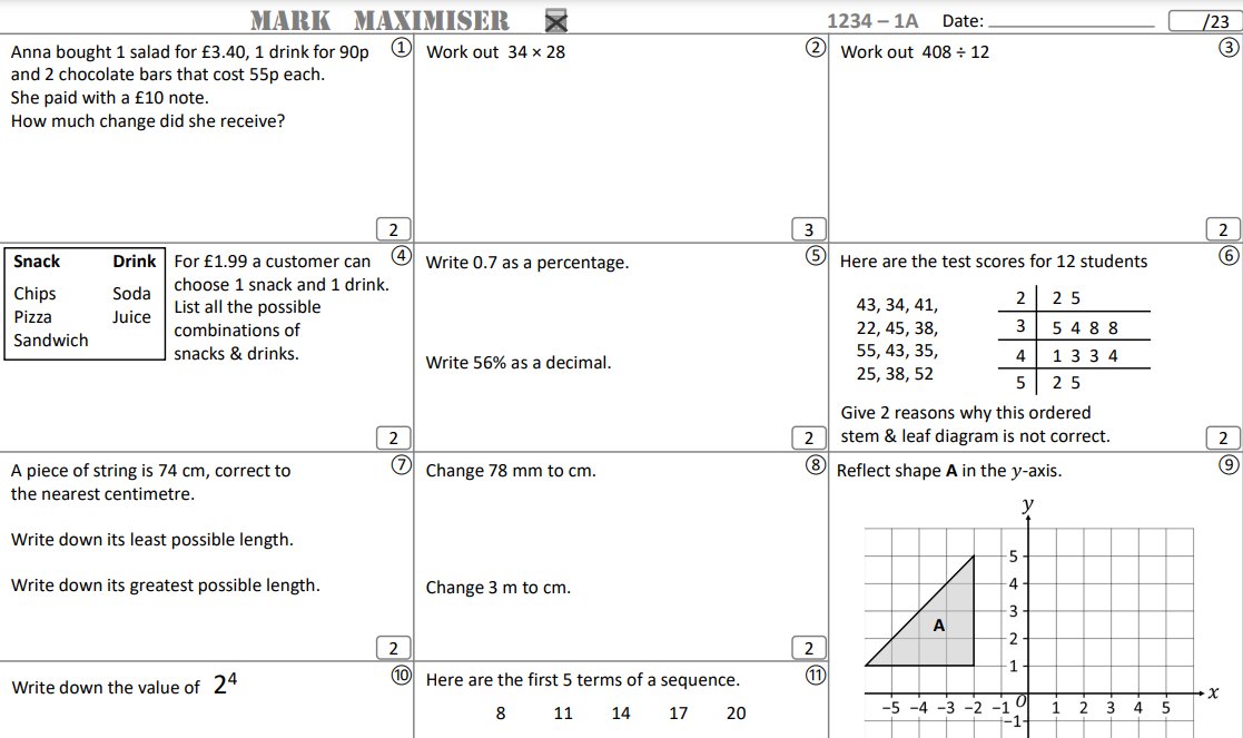 With no classroom to go back to after Easter, my increased mental bandwidth is going to waste.
One thing on my mind at the moment is <a href="/goteachmaths/">Go Teach Maths</a> Mark Maximisers. 
I'd be giving these to pupils every day between now and their exams, rewarding those who return them.