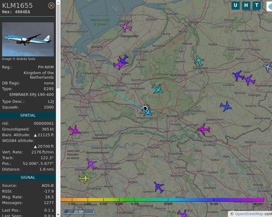 AboveEde's tweet photo. #KLM1655 PH-NXM EMB-195 E2 KLM cityhopper AMS-VCE Amsterdam Airport Schiphol to Venice Marco Polo Airport: 0.7 mi away @ 20575 ft and 80.4° frm hrzn, heading SE @ 438.9mi/h 13:17:50. #UpInTheClouds #MovingQuickly #ADSB #dump1090 https://t.co/99GVB3I6ER