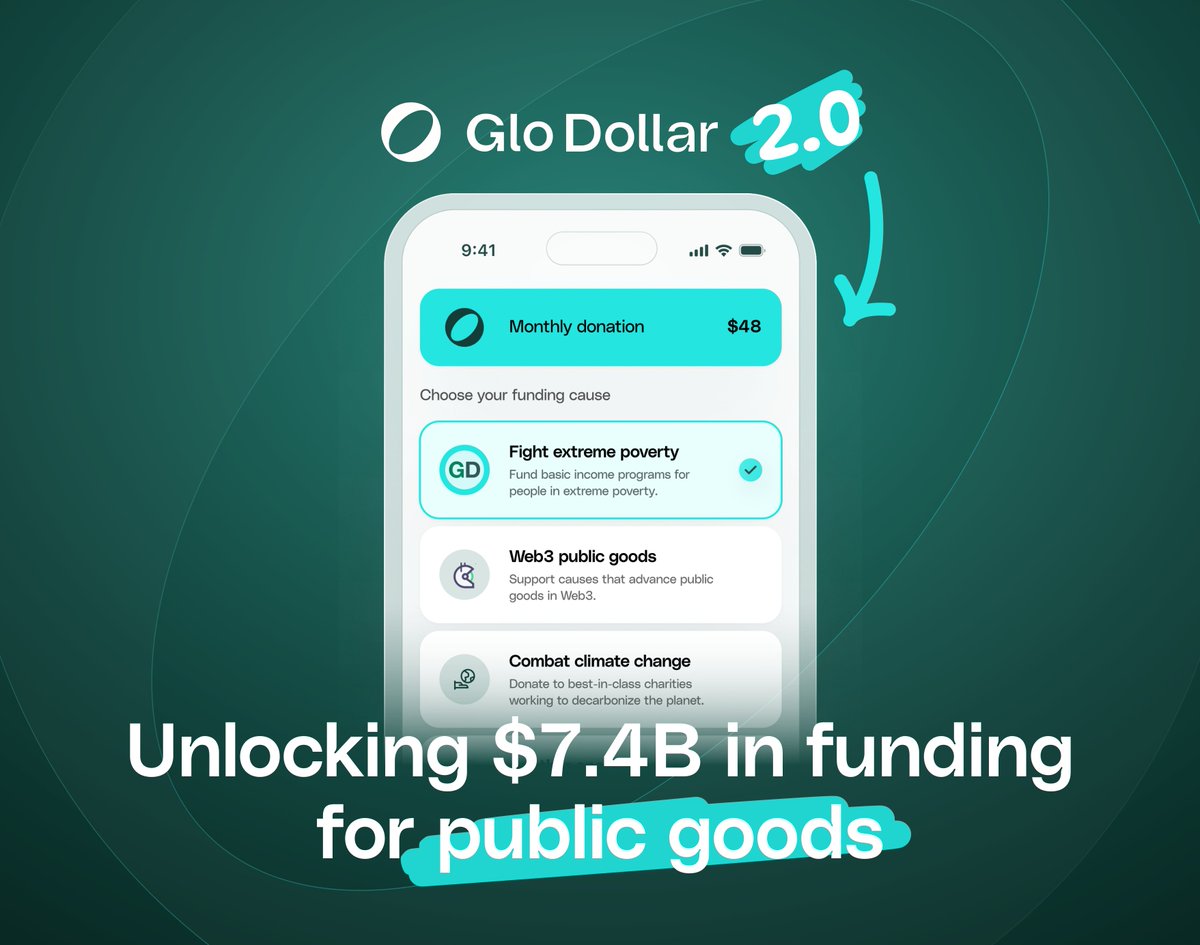 📣 Glo Dollar 2.0: the stablecoin that funds public goods Starting today, we're unlocking $7.4B in funding for public goods and charity Here's how you can help by choosing Glo Dollars instead of e.g. USDT ↓ 🌈 ↓ ☀️ ↓