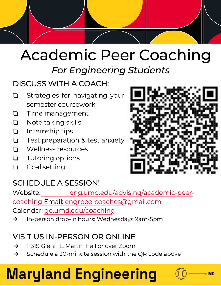 The Office of Undergraduate Advising and Academic Support is excited to offer free academic peer coaching for all engineering students. Our coaches can help you with time management, exam preparation, and study skills. go.umd.edu/coaching