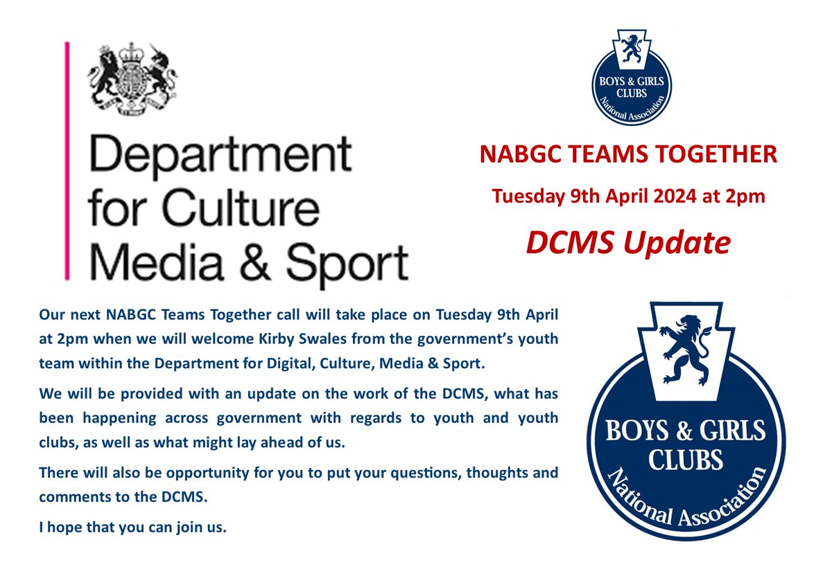 Our next #NABGCTeamsTogether meeting will be taking place on Tuesday 9th April & we will be welcoming Kirby Swales from the @DCMS The call is for all NABGC members & associated youth clubs & projects. We hope you can join us.