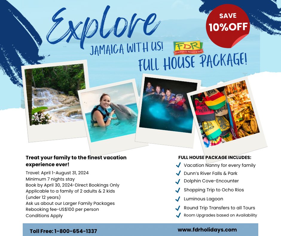Explore Jamaica with us! 🇯🇲 Book the Full House Package for your family and enjoy the best adventures this summer!

 All suites come with a dedicated Vacation Nanny to take the hassles out of the vacation. 🌴 ☀️ 

☎️ 1-800-654-1337 or 876-973-4124
fdrholidays.com