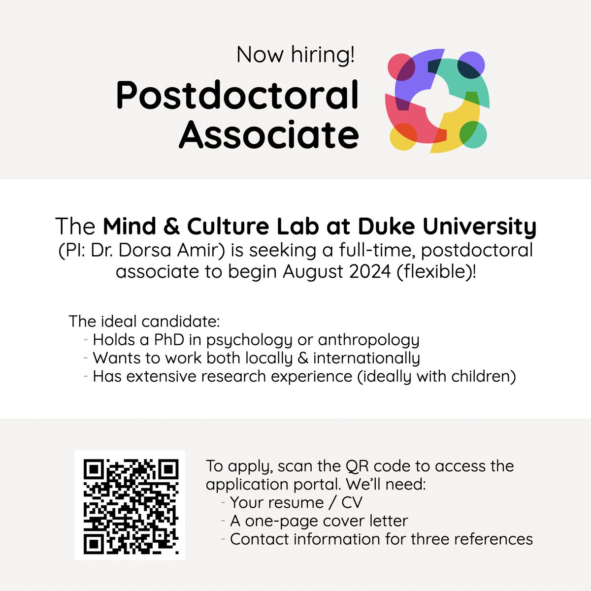 📣Now hiring! I'm looking to recruit a full-time Postdoctoral Associate to join the Mind & Culture Lab at Duke University. The ideal candidate has a PhD in Psychology or Anthropology & is interested in cross-cultural work. Apply here! academicjobsonline.org/ajo/jobs/27429