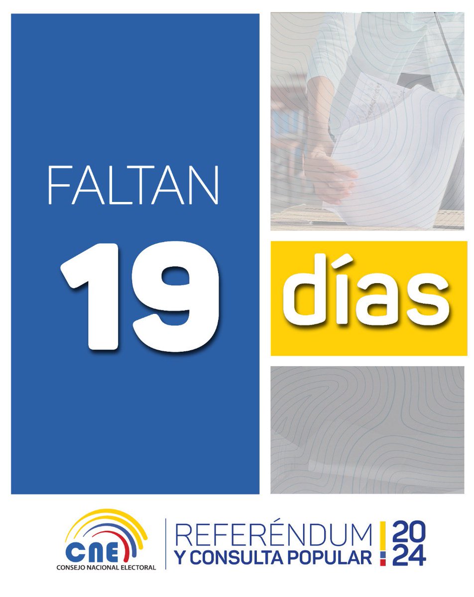 CNE_LosRios's tweet photo. 🗳️¡En democracia, #EcuadorVotoInformado! 🇪🇨

A solo 19 días para que los ciudadanos ejerzan su derecho al voto el domingo 21 de abril en el #ReferéndumYConsulta2024. 📆 https://t.co/brJ4hthc9v