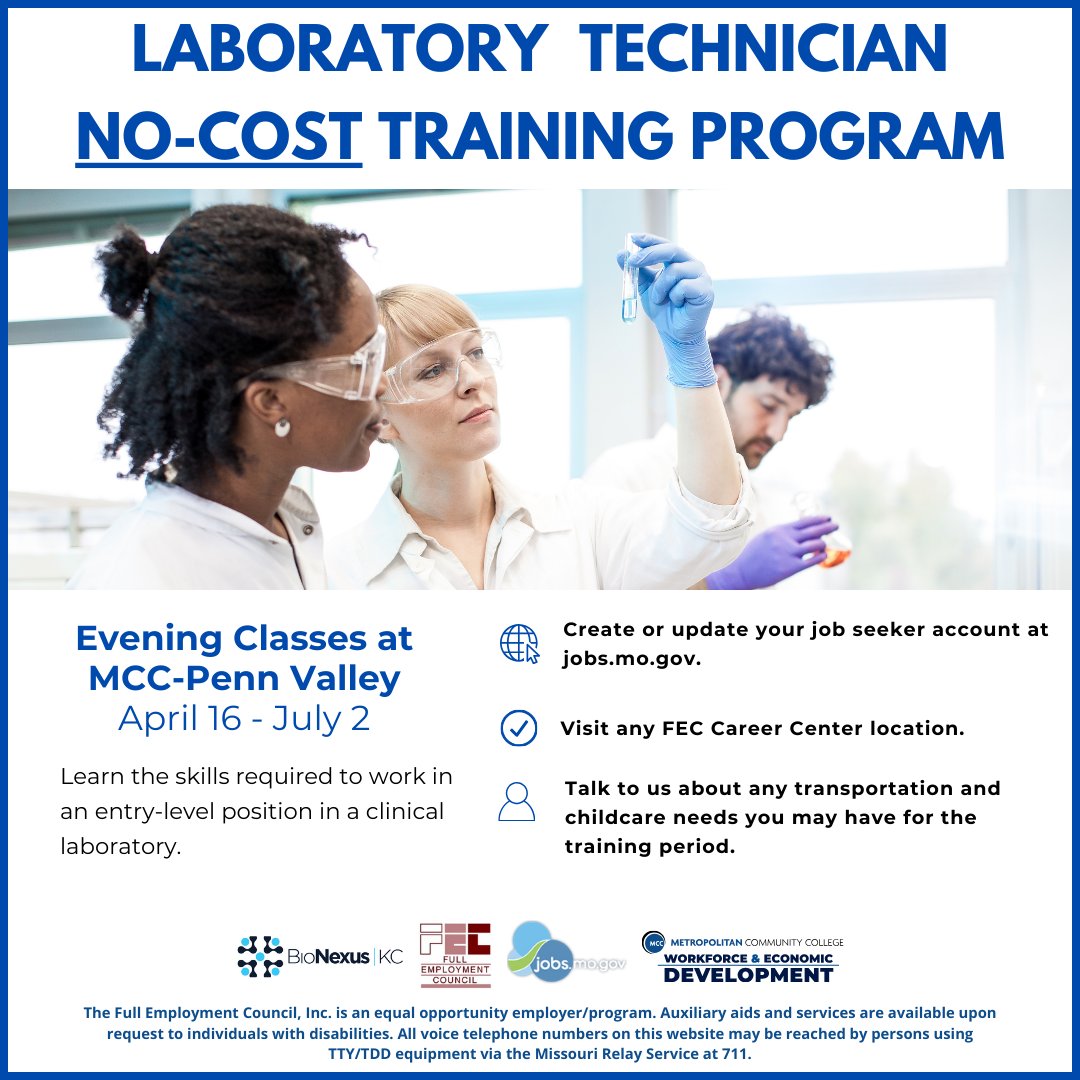 Level up your skills and get started in the biotech industry. You can start a no-cost, no-debt Laboratory Technician training program this month. The details: This course will prepare students to work in an entry-level position in a clinical laboratory.