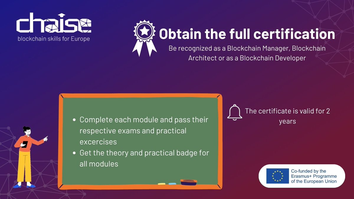 🚀Do you know that by taking the @CHAISE_EU blockchain skills online course you can also be certified as a Blockchain Manager, Blockchain Architect or Blockchain Developer?

Learn more about the certification process here 👇chaise-blockchainskills.eu/online-course-…