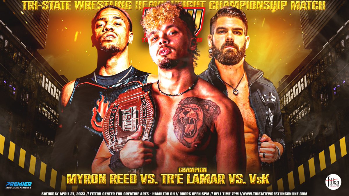 TSWProWrestling's tweet photo. TSW Heavyweight Champion @TreLaMar_ will defend the Championship against @TheBadReed and @isThatVsK in a Triple Threat Match at the @Fitton_Center in Hamilton, Ohio on April 27!
Tre’ recently became the longest-reigning Champion in TSW history.
Will he continue his record-setting reign when he steps in the ring with two of TSW’s best?
🎟️Tickets are available now at https://t.co/pXwByfmGWd!🎟️
