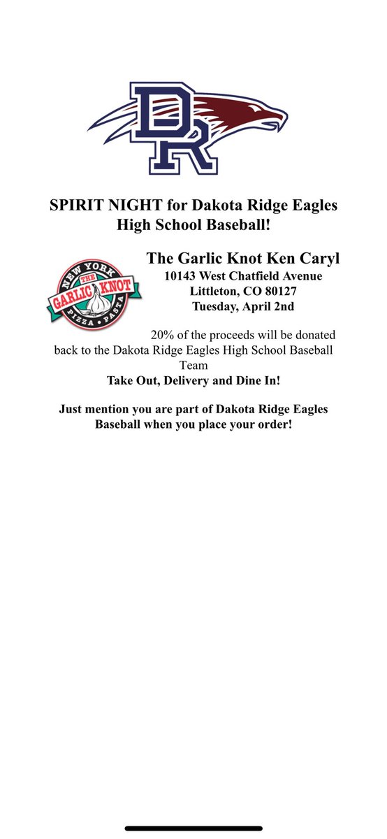 DakotaRidge Baseball (@drhs_baseball) on Twitter photo Stop by Garlic Knot for dinner tonight and help the baseball program!
<a href="/DRHS_Athletics/">DakotaRidgeHS_Athletics</a> <a href="/DakotaRidgeHS/">Dakota Ridge HS</a> Stop by Garlic Knot for dinner tonight and help the baseball program!
<a href="/DRHS_Athletics/">DakotaRidgeHS_Athletics</a> <a href="/DakotaRidgeHS/">Dakota Ridge HS</a>