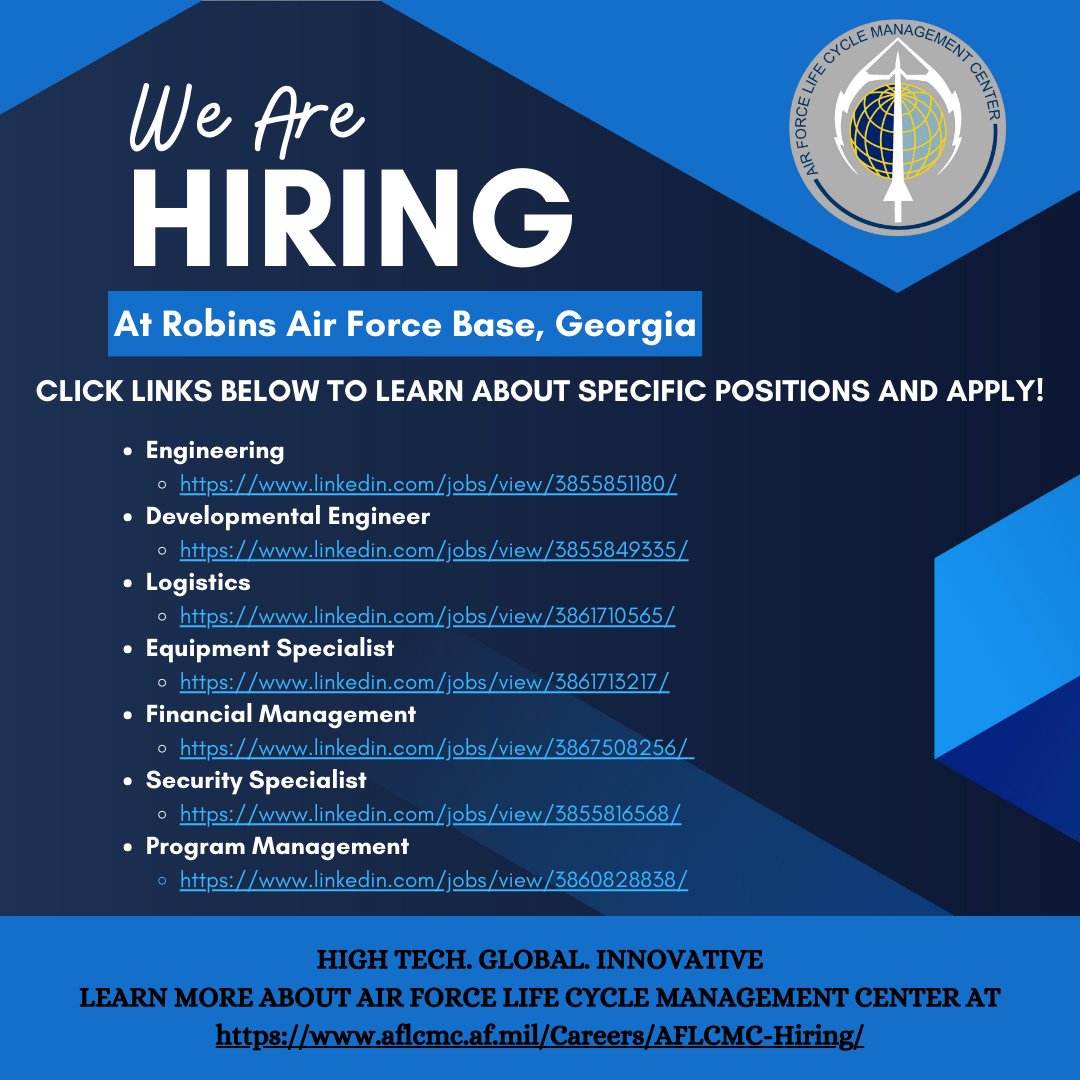 Looking for a new job near Robins AFB (Houston County, GA)? We are #hiring for many positions - see below! #AFLCMC aflcmc.af.mil/Careers/AFLCMC…