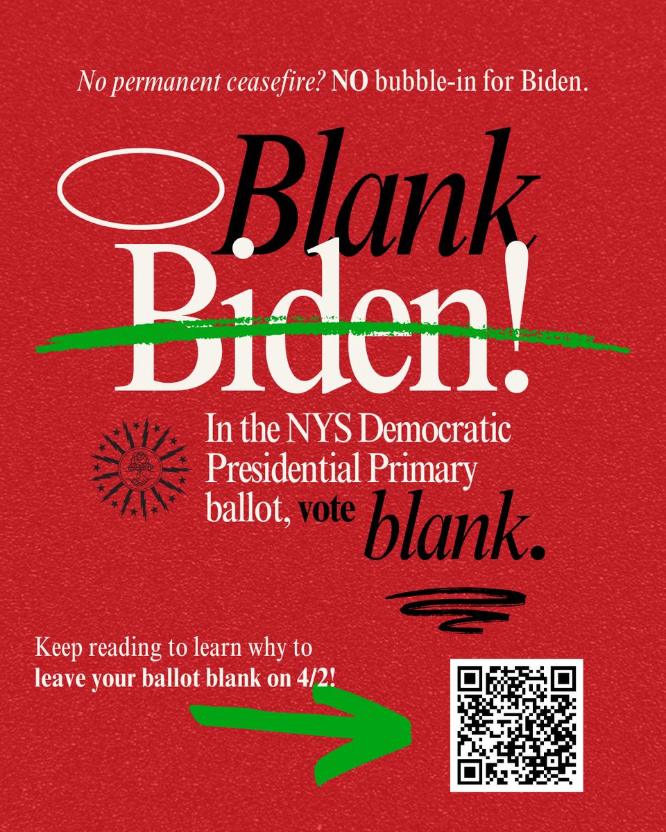 NEW YORK: Our version of uncommitted is #LeaveItBlank! Join me and submit a blank ballot in the April 2nd Presidential primary to tell Biden: New Yorkers want a lasting #CeasefireNow! Learn more at leaveitblankny.com