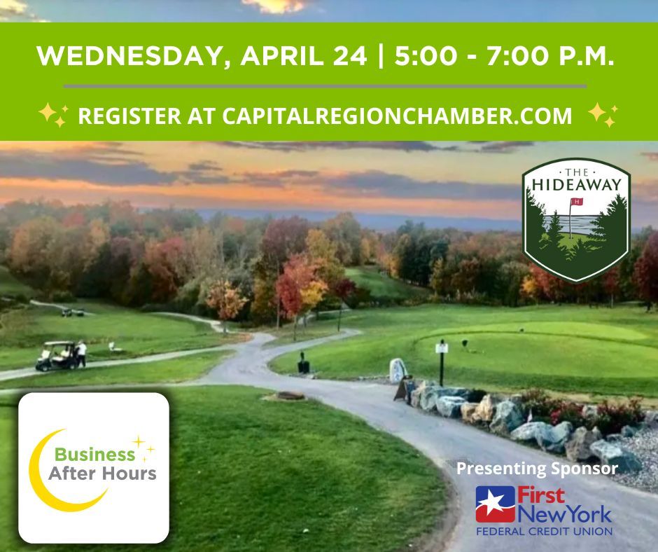 Don't miss out on the chance to expand your professional network at our Business After Hours event at @The_Hideaway_NY at Saratoga Lake Golf Club on 4/24 for delicious hors d'oeuvres and the opportunity to make great connections. buff.ly/3VEdntb @FirstNewYorkFCU