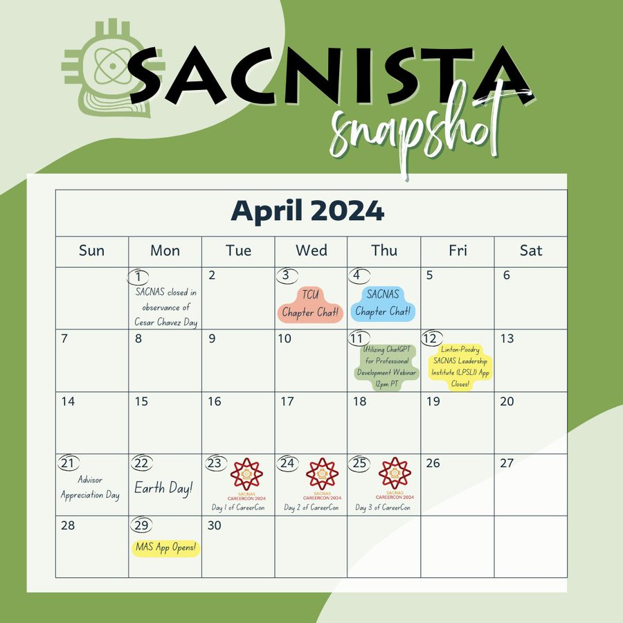 April #SacnistaSnapshot is here, see what's in store for @SACNAS:
💻ChatGPT Webinar: 4/11
📷LPSLI App Closes: 4/12
📷MAS App Opens: 4/29 
📷#2024NDiSTEM