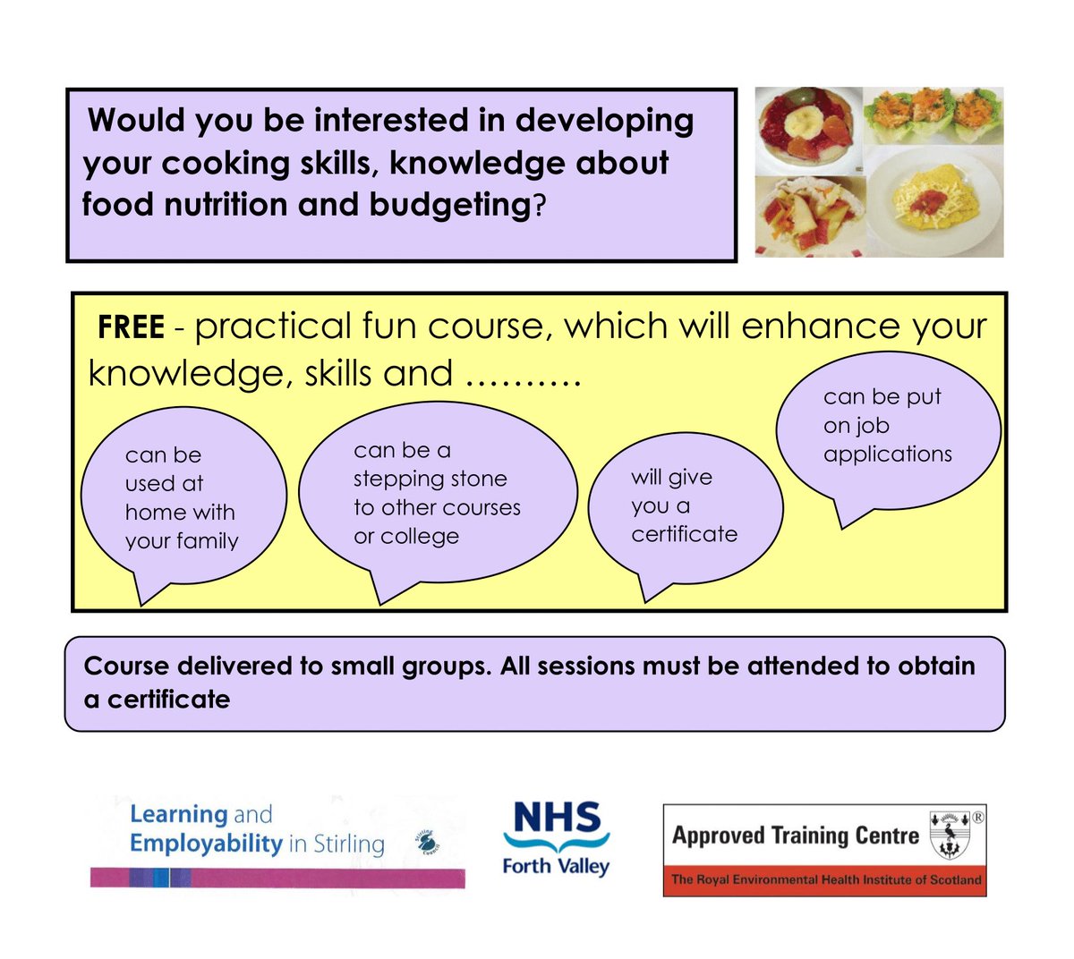 We are running a 4 week REHIS Elementary Cooking Course in Raploch starting on the 26th of April for our participants. If you’re keen to take part or to find out more, contact us now! #SkillsforSuccess #adultlearning #stirling