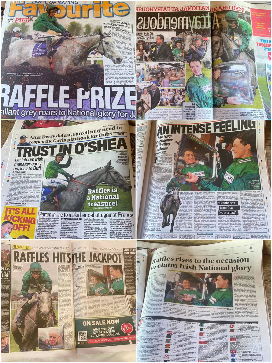 Brilliant to see all the papers adorned with Intense Raffles & JJ today 🦄👏 🗞️ 

@simon_munir 

#irishgrandnational #doublegreen