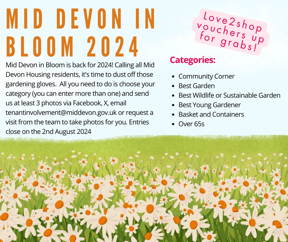 It's that time again, Mid Devon in Bloom is back for residents of MDH. It's time to dust off those gardening gloves and get your entries ready! Entries are now open and will close on 02/08. 🌷🌱🌼