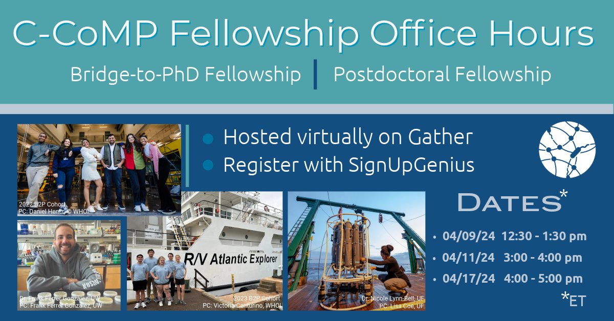 📣🌊Save the date! C-CoMP is hosting 3 virtual office hour sessions about our #BridgetoPhD and #Postdoc Fellowships this April. Register to attend an info session here: tinyurl.com/32pmd9mb #LatinXinSTEM #BlackandSTEM #DisabledinSTEM #NativeinSTEM #QueerInSTEM #DiversityinSTEM