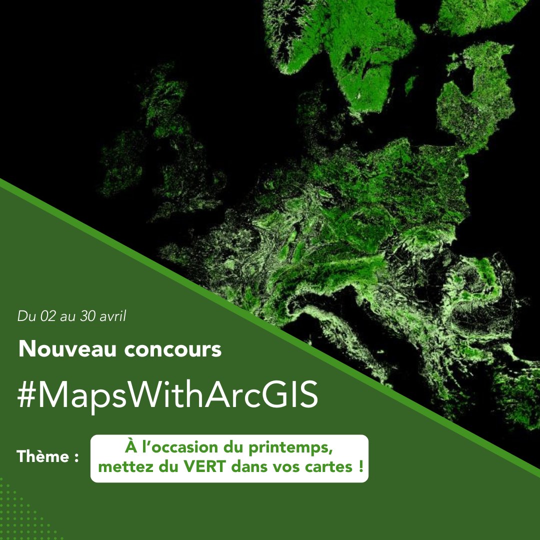 Aujourd’hui nous lançons le concours #MapsWithArcGIS ! 🗺️ Vous utilisez ArcGIS dans votre quotidien ? Ce concours est fait pour vous ! 👉 Quel est le thème ? Pour ce mois d’avril, le thème est le suivant : À l’occasion du printemps, mettez du VERT dans vos cartes ! 🟢