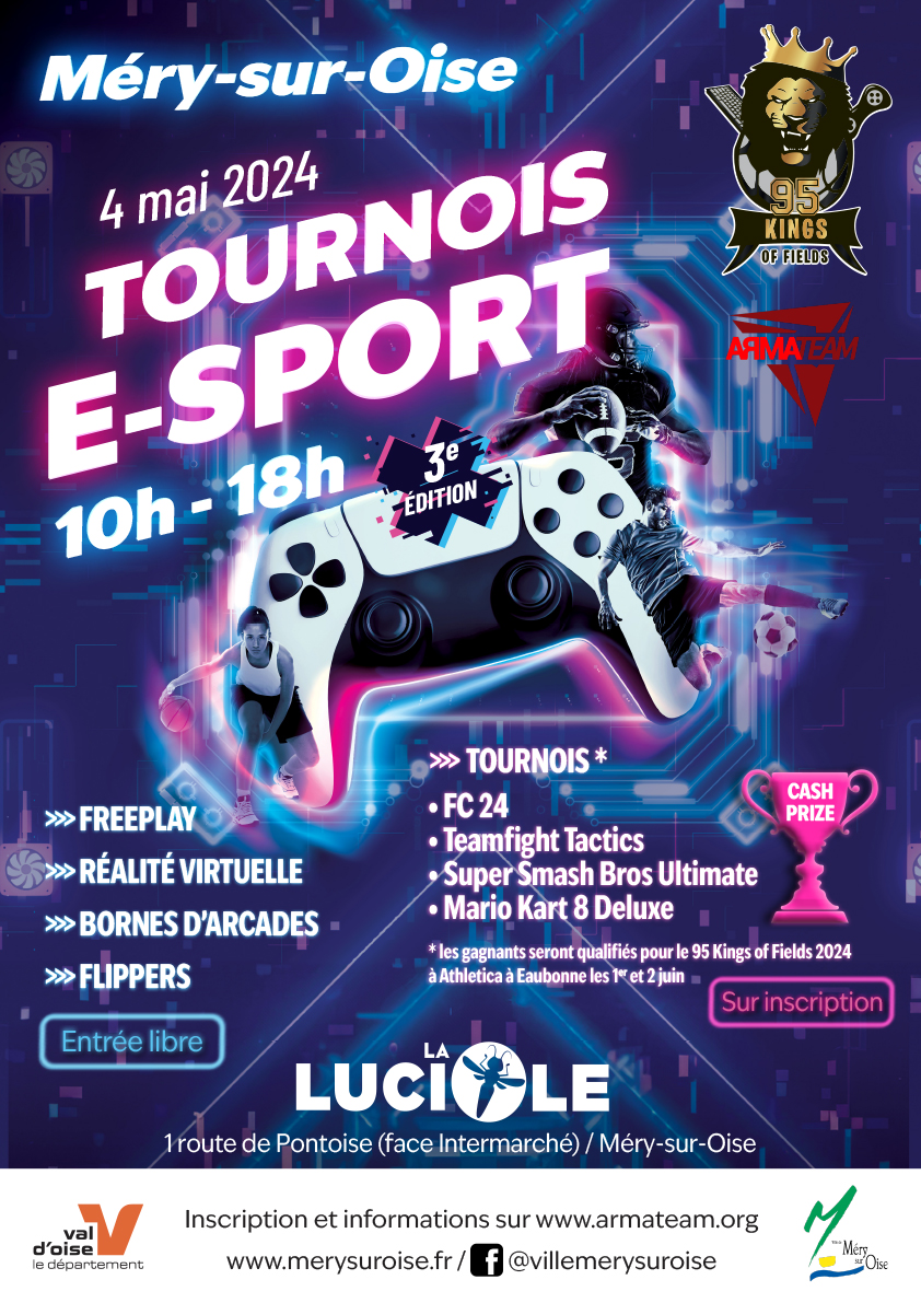 Rendez-vous le 4 Mai à Méry-sur-Oise ! 🔥 ⭐️ Tente de remporter ta qualification pour le #95KOF 🦁 à @athletica_95 dans le @_valdoise ! 🔶 Tournois ⚽️ EA FC24 ‣ 32 joueurs 🥊 SSBU ‣ 48 joueurs 🏁 MK8 ‣ 32 joueurs 🐧 TFT ‣ 24 joueurs ➡️ armateam.org/tournoi-esport…