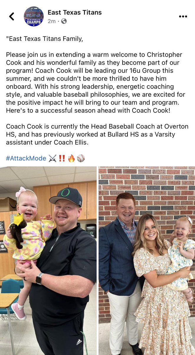 ETXTitans's tweet image. Excited to bring in another experienced and motivated coach like Coach Cook! 
Big things ahead! 

#KeepGrowing 
#AttackMode ‼️⚔️🔥⚾️